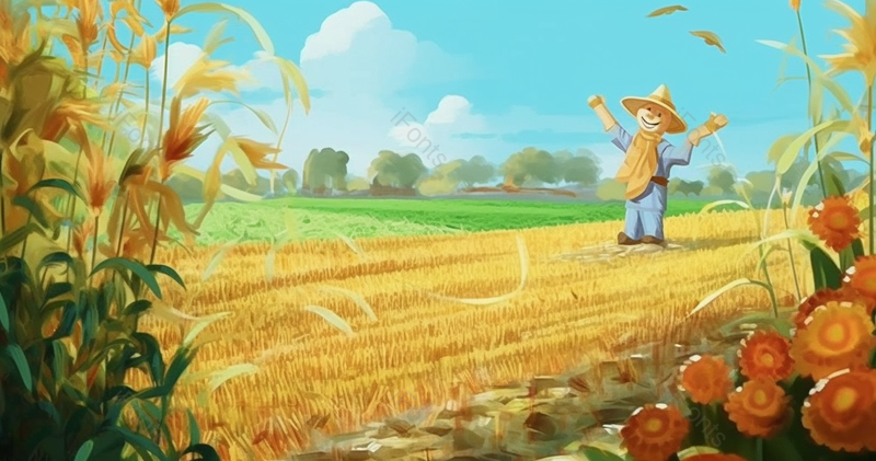 收割完的稻草人守护稻田插画背景,插画/手绘图,插画/手绘图库,插画/手绘图下载,插画/手绘